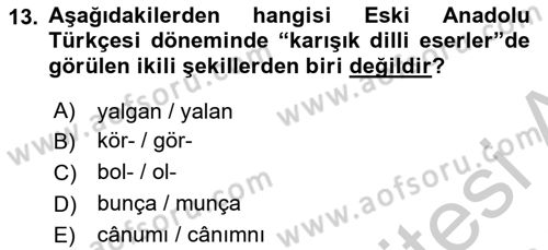 XIV-XV. Yüzyıllar Türk Dili Dersi 2016 - 2017 Yılı (Vize) Ara Sınav Soruları 13. Soru