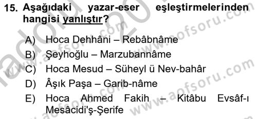 XIV-XV. Yüzyıllar Türk Dili Dersi 2016 - 2017 Yılı (Vize) Ara Sınav Soruları 15. Soru