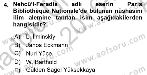 XIV-XV. Yüzyıllar Türk Dili Dersi 2016 - 2017 Yılı (Vize) Ara Sınavı 4. Soru