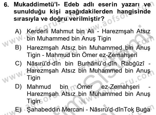 XIV-XV. Yüzyıllar Türk Dili Dersi 2016 - 2017 Yılı (Vize) Ara Sınav Soruları 6. Soru