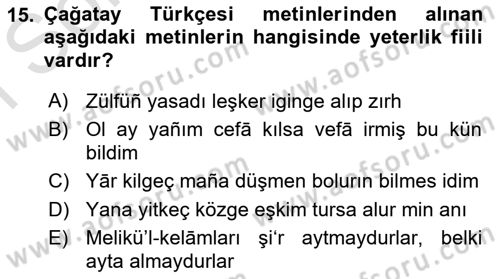 XIV-XV. Yüzyıllar Türk Dili Dersi 2016 - 2017 Yılı (Final) Dönem Sonu Sınav Soruları 15. Soru