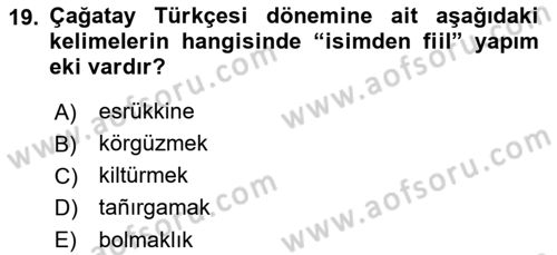 XIV-XV. Yüzyıllar Türk Dili Dersi 2016 - 2017 Yılı (Final) Dönem Sonu Sınav Soruları 19. Soru
