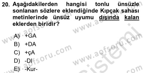 XIV-XV. Yüzyıllar Türk Dili Dersi 2016 - 2017 Yılı (Final) Dönem Sonu Sınav Soruları 20. Soru