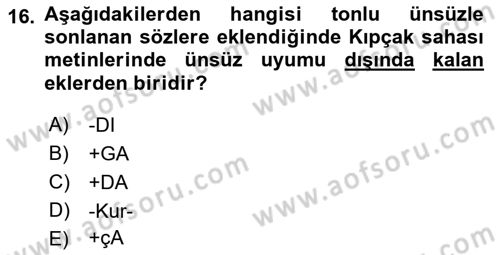 XIV-XV. Yüzyıllar Türk Dili Dersi 2017 - 2018 Yılı 3 Ders Sınavı 16. Soru