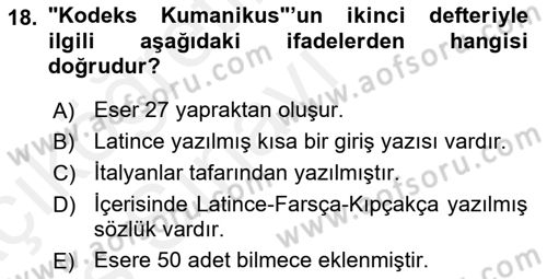 XIV-XV. Yüzyıllar Türk Dili Dersi 2017 - 2018 Yılı 3 Ders Sınavı 18. Soru