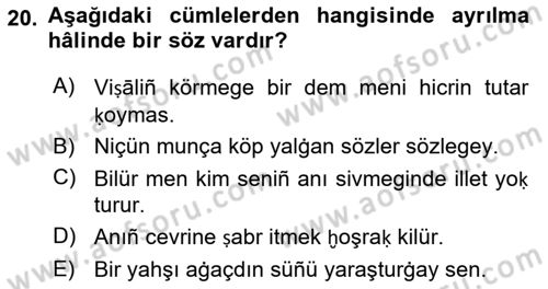 XIV-XV. Yüzyıllar Türk Dili Dersi 2017 - 2018 Yılı 3 Ders Sınavı 20. Soru