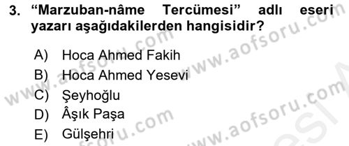 XIV-XV. Yüzyıllar Türk Dili Dersi 2017 - 2018 Yılı 3 Ders Sınavı 3. Soru