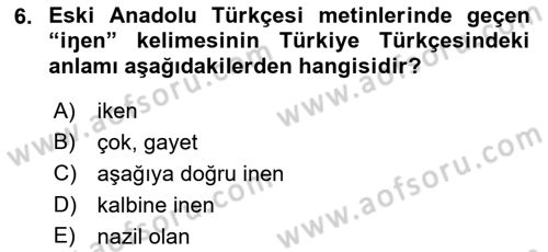 XIV-XV. Yüzyıllar Türk Dili Dersi 2017 - 2018 Yılı 3 Ders Sınav Soruları 6. Soru