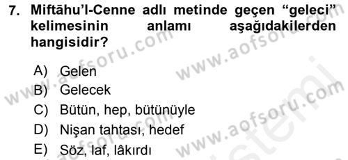 XIV-XV. Yüzyıllar Türk Dili Dersi 2017 - 2018 Yılı 3 Ders Sınavı 7. Soru