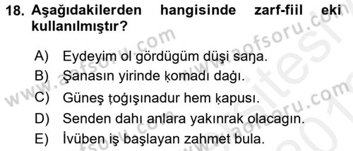 XIV-XV. Yüzyıllar Türk Dili Dersi 2017 - 2018 Yılı (Vize) Ara Sınavı 18. Soru