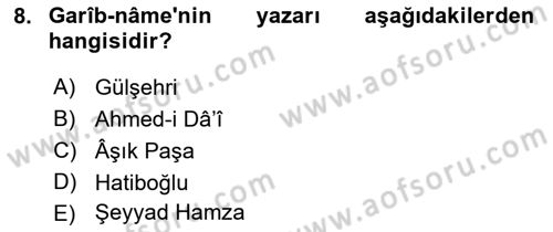 XIV-XV. Yüzyıllar Türk Dili Dersi 2017 - 2018 Yılı (Vize) Ara Sınav Soruları 8. Soru