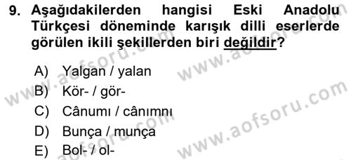 XIV-XV. Yüzyıllar Türk Dili Dersi 2017 - 2018 Yılı (Vize) Ara Sınav Soruları 9. Soru