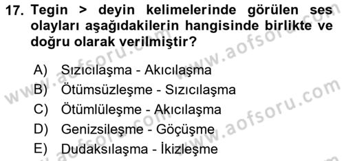XIV-XV. Yüzyıllar Türk Dili Dersi 2017 - 2018 Yılı (Final) Dönem Sonu Sınav Soruları 17. Soru