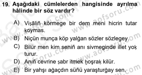XIV-XV. Yüzyıllar Türk Dili Dersi 2017 - 2018 Yılı (Final) Dönem Sonu Sınav Soruları 19. Soru