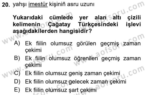XIV-XV. Yüzyıllar Türk Dili Dersi 2018 - 2019 Yılı 3 Ders Sınav Soruları 20. Soru