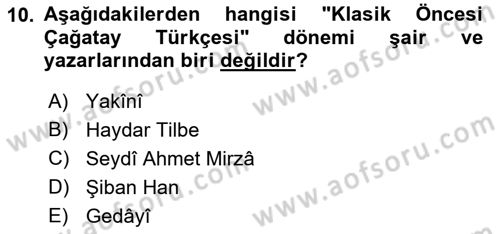 XIV-XV. Yüzyıllar Türk Dili Dersi 2018 - 2019 Yılı (Final) Dönem Sonu Sınav Soruları 10. Soru