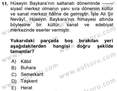 XIV-XV. Yüzyıllar Türk Dili Dersi 2018 - 2019 Yılı (Final) Dönem Sonu Sınav Soruları 11. Soru