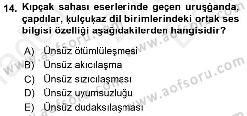 XIV-XV. Yüzyıllar Türk Dili Dersi 2018 - 2019 Yılı (Final) Dönem Sonu Sınav Soruları 14. Soru
