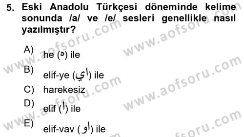 XIV-XV. Yüzyıllar Türk Dili Dersi 2018 - 2019 Yılı (Final) Dönem Sonu Sınav Soruları 5. Soru