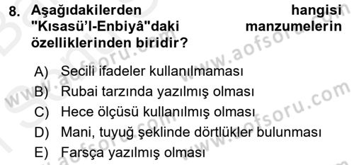 XIV-XV. Yüzyıllar Türk Dili Dersi 2018 - 2019 Yılı (Final) Dönem Sonu Sınav Soruları 8. Soru
