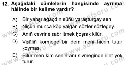 XIV-XV. Yüzyıllar Türk Dili Dersi 2018 - 2019 Yılı Yaz Okulu Sınav Soruları 12. Soru