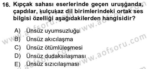 XIV-XV. Yüzyıllar Türk Dili Dersi 2018 - 2019 Yılı Yaz Okulu Sınavı 16. Soru