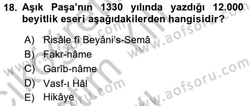 XIV-XV. Yüzyıllar Türk Dili Dersi 2018 - 2019 Yılı Yaz Okulu Sınavı 18. Soru