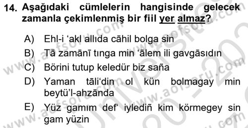 XIV-XV. Yüzyıllar Türk Dili Dersi 2020 - 2021 Yılı Yaz Okulu Sınav Soruları 14. Soru