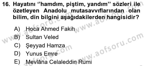 XIV-XV. Yüzyıllar Türk Dili Dersi 2020 - 2021 Yılı Yaz Okulu Sınav Soruları 16. Soru