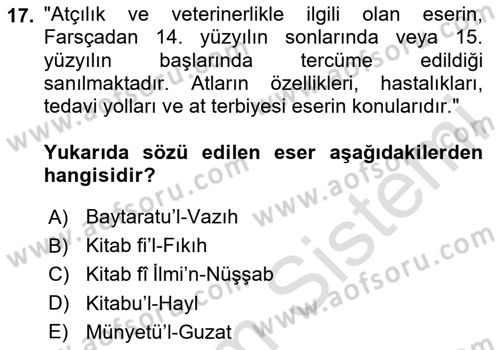 XIV-XV. Yüzyıllar Türk Dili Dersi 2020 - 2021 Yılı Yaz Okulu Sınav Soruları 17. Soru