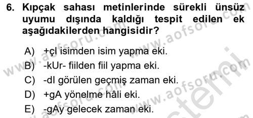 XIV-XV. Yüzyıllar Türk Dili Dersi 2020 - 2021 Yılı Yaz Okulu Sınav Soruları 6. Soru
