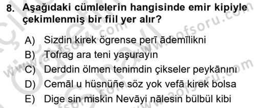XIV-XV. Yüzyıllar Türk Dili Dersi 2020 - 2021 Yılı Yaz Okulu Sınav Soruları 8. Soru