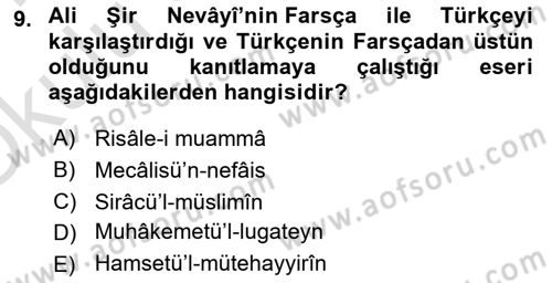 XIV-XV. Yüzyıllar Türk Dili Dersi 2020 - 2021 Yılı Yaz Okulu Sınav Soruları 9. Soru