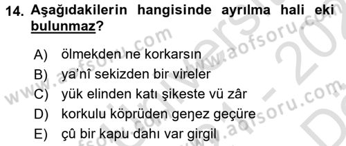 XIV-XV. Yüzyıllar Türk Dili Dersi 2021 - 2022 Yılı (Vize) Ara Sınavı 14. Soru