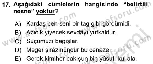 XIV-XV. Yüzyıllar Türk Dili Dersi 2021 - 2022 Yılı (Vize) Ara Sınav Soruları 17. Soru