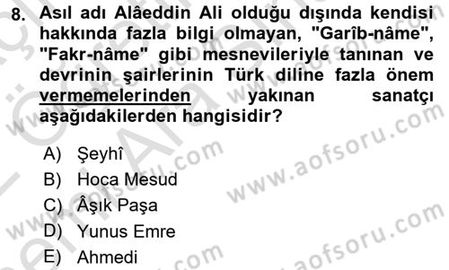 XIV-XV. Yüzyıllar Türk Dili Dersi 2021 - 2022 Yılı (Vize) Ara Sınavı 8. Soru