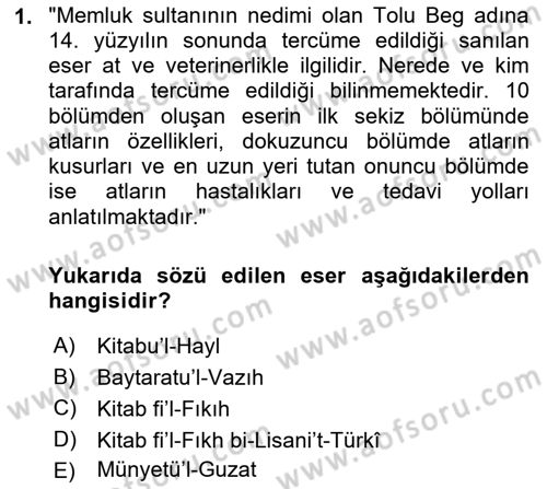XIV-XV. Yüzyıllar Türk Dili Dersi 2021 - 2022 Yılı (Final) Dönem Sonu Sınav Soruları 1. Soru