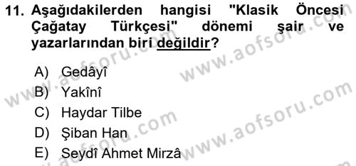 XIV-XV. Yüzyıllar Türk Dili Dersi 2021 - 2022 Yılı (Final) Dönem Sonu Sınav Soruları 11. Soru
