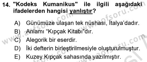 XIV-XV. Yüzyıllar Türk Dili Dersi 2021 - 2022 Yılı (Final) Dönem Sonu Sınav Soruları 14. Soru