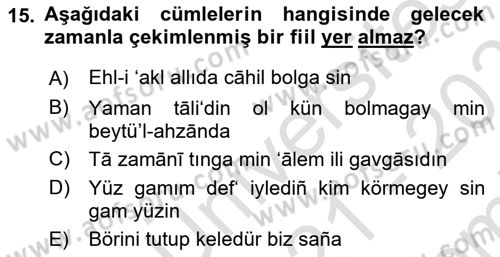 XIV-XV. Yüzyıllar Türk Dili Dersi 2021 - 2022 Yılı (Final) Dönem Sonu Sınav Soruları 15. Soru