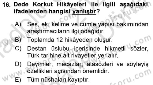 XIV-XV. Yüzyıllar Türk Dili Dersi 2021 - 2022 Yılı (Final) Dönem Sonu Sınav Soruları 16. Soru