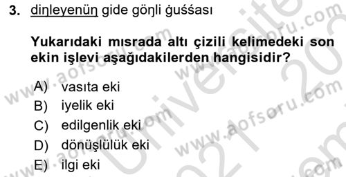 XIV-XV. Yüzyıllar Türk Dili Dersi 2021 - 2022 Yılı (Final) Dönem Sonu Sınav Soruları 3. Soru