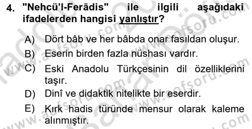XIV-XV. Yüzyıllar Türk Dili Dersi 2021 - 2022 Yılı (Final) Dönem Sonu Sınav Soruları 4. Soru