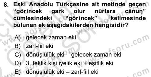 XIV-XV. Yüzyıllar Türk Dili Dersi 2021 - 2022 Yılı (Final) Dönem Sonu Sınavı 8. Soru