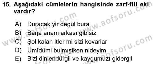 XIV-XV. Yüzyıllar Türk Dili Dersi 2021 - 2022 Yılı Yaz Okulu Sınav Soruları 15. Soru