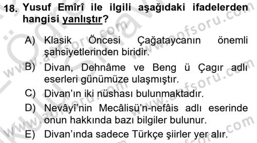 XIV-XV. Yüzyıllar Türk Dili Dersi 2021 - 2022 Yılı Yaz Okulu Sınav Soruları 18. Soru