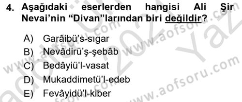 XIV-XV. Yüzyıllar Türk Dili Dersi 2021 - 2022 Yılı Yaz Okulu Sınav Soruları 4. Soru