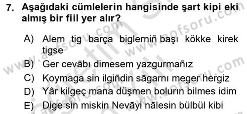 XIV-XV. Yüzyıllar Türk Dili Dersi 2021 - 2022 Yılı Yaz Okulu Sınav Soruları 7. Soru