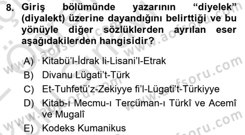 XIV-XV. Yüzyıllar Türk Dili Dersi 2021 - 2022 Yılı Yaz Okulu Sınav Soruları 8. Soru