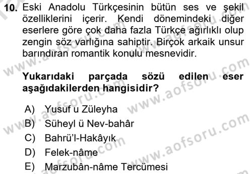 XIV-XV. Yüzyıllar Türk Dili Dersi 2022 - 2023 Yılı Yaz Okulu Sınav Soruları 10. Soru